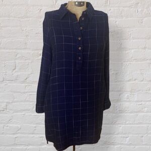 TCEC Dark Navy Blue White Plaid Button Up Long Sleeve Top Tunic / Dress